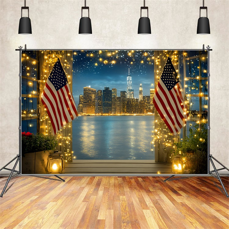 American Flag Backdrop Night Cityscape Window Backdrop GQ5-11