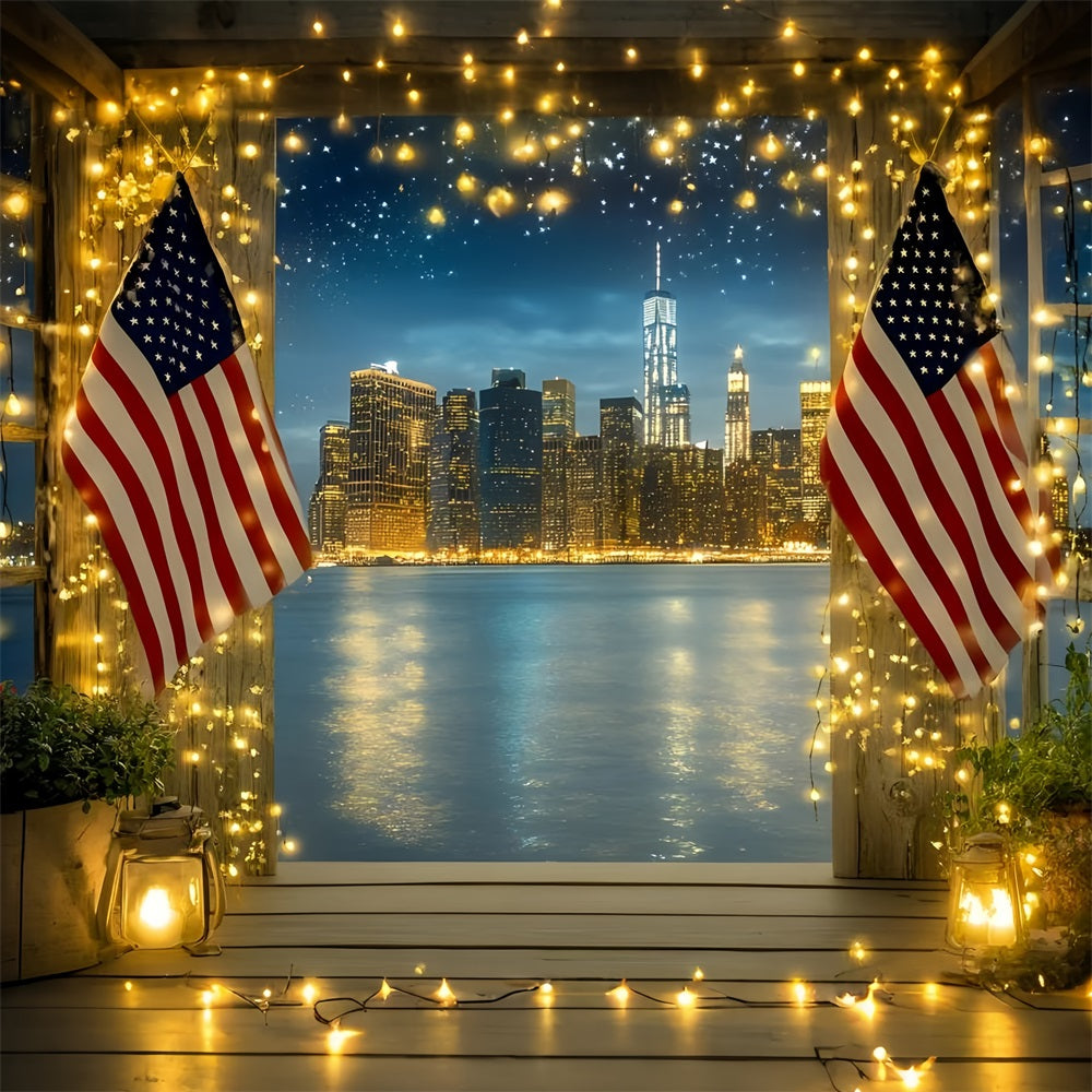 American Flag Backdrop Night Cityscape Window Backdrop GQ5-11