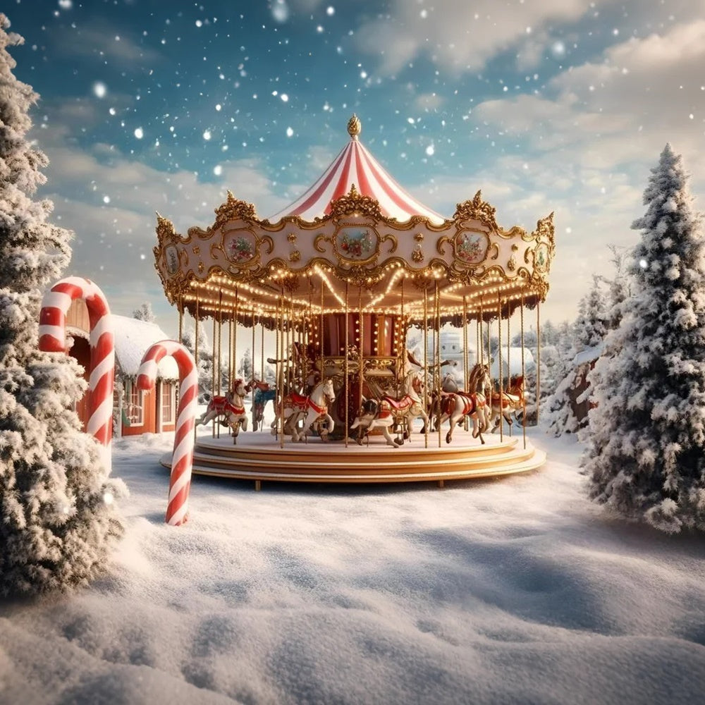 Carnival Backdrop Winter Carousel Snow Christmas Backdrop GQ5-114