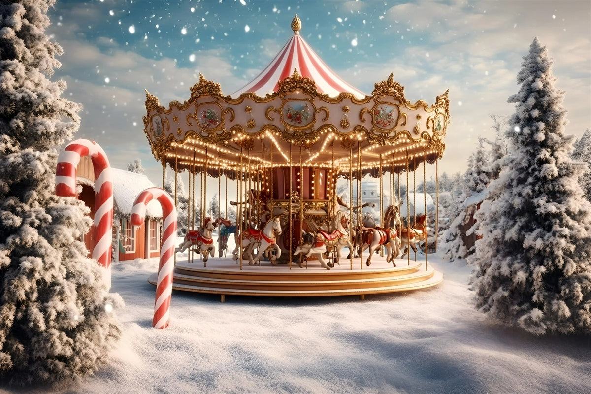 Carnival Backdrop Winter Carousel Snow Christmas Backdrop GQ5-114