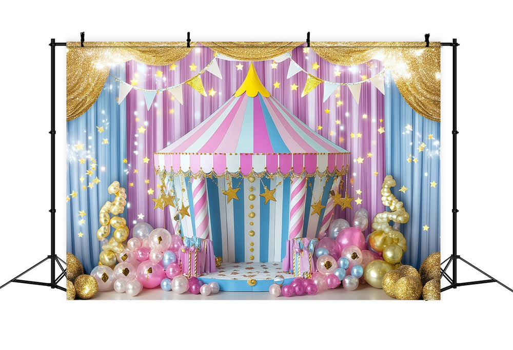 Circus Theme Backdrop Striped Tent Golden Balloons Backdrop GQ5-121