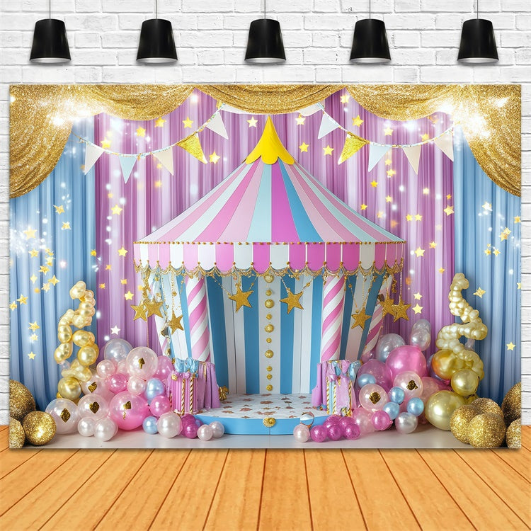 Circus Theme Backdrop Striped Tent Golden Balloons Backdrop GQ5-121