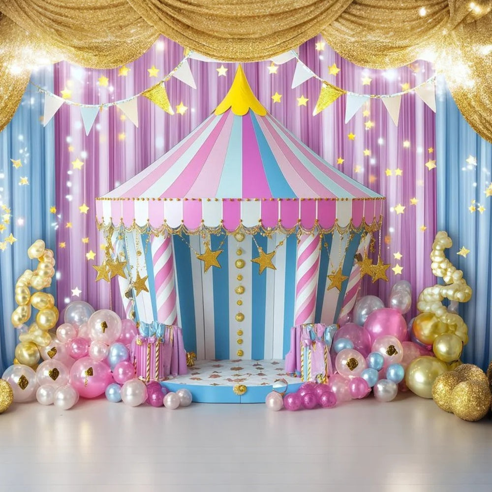 Circus Theme Backdrop Striped Tent Golden Balloons Backdrop GQ5-121