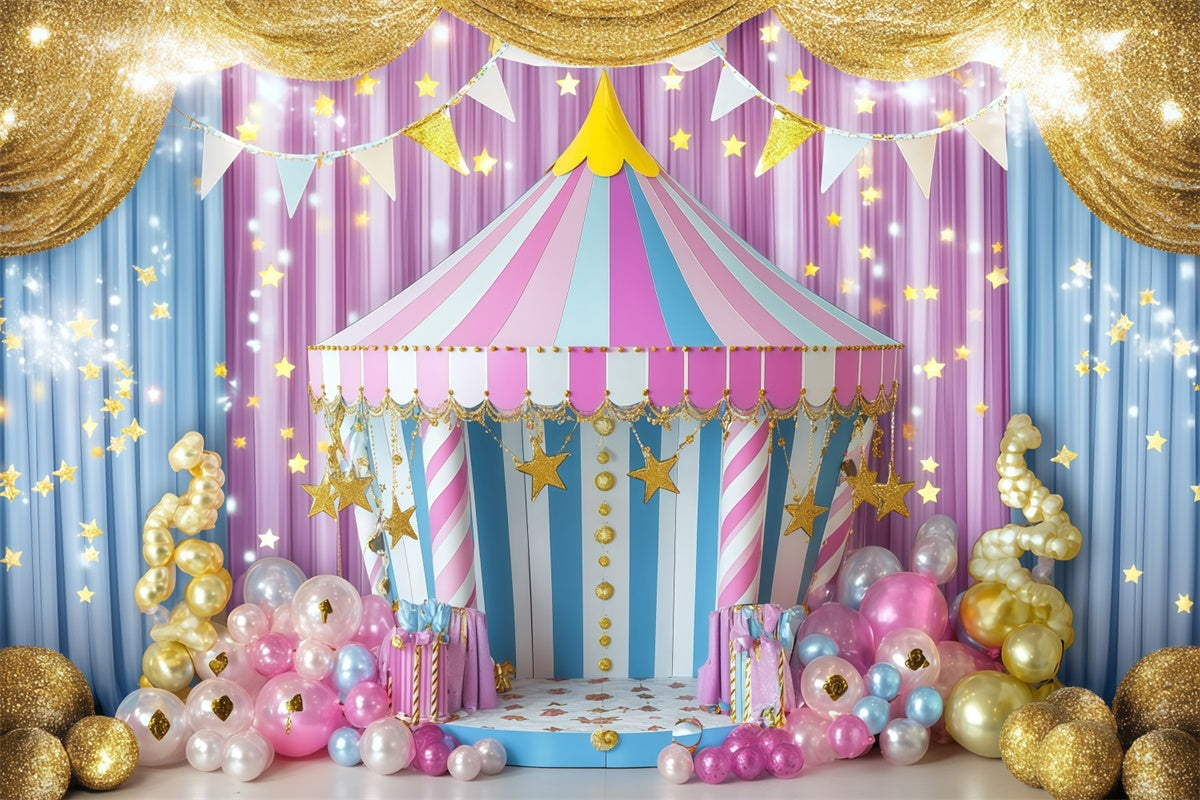 Circus Theme Backdrop Striped Tent Golden Balloons Backdrop GQ5-121