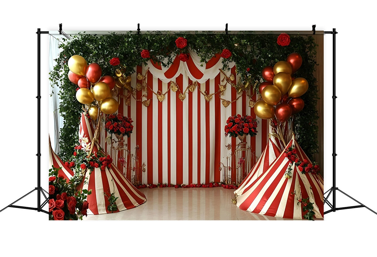 Circus Theme Backdrop Balloon Roses Striped Tent Backdrop GQ5-130