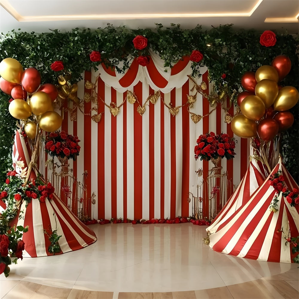 Circus Theme Backdrop Balloon Roses Striped Tent Backdrop GQ5-130