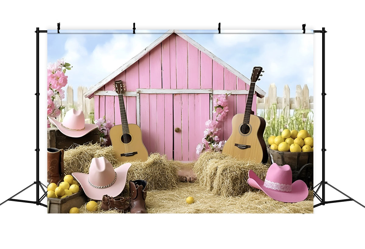 Cowgirl Backdrop Ideas Pink Barn Guitar Western Kids Backdrop GQ5-180