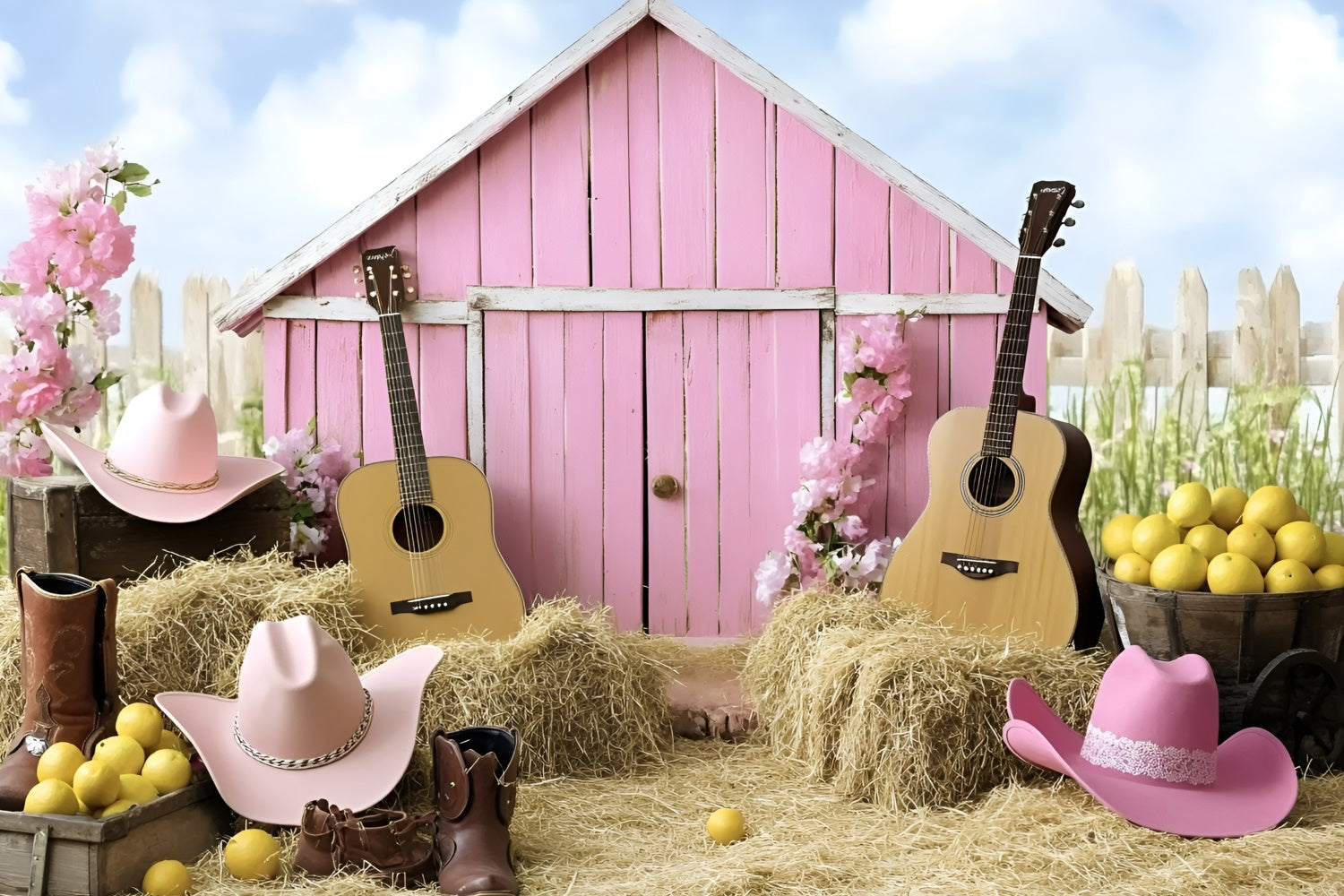 Cowgirl Backdrop Ideas Pink Barn Guitar Western Kids Backdrop GQ5-180