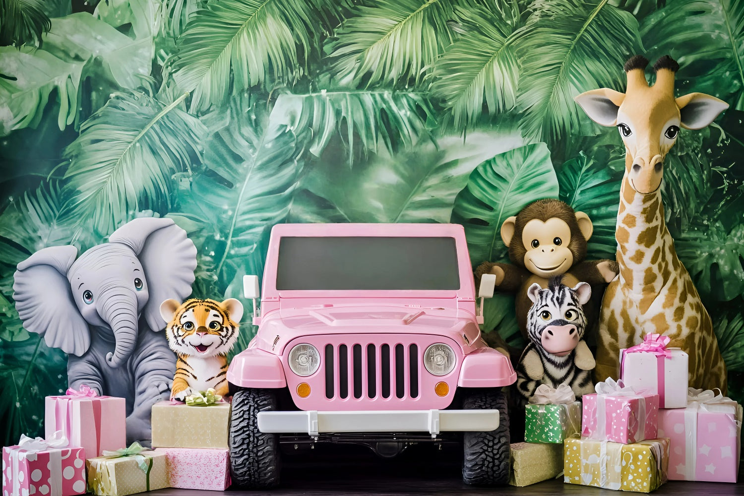 Children Backdrops Jungle Safari Pink Jeep Backdrop GQ5-206