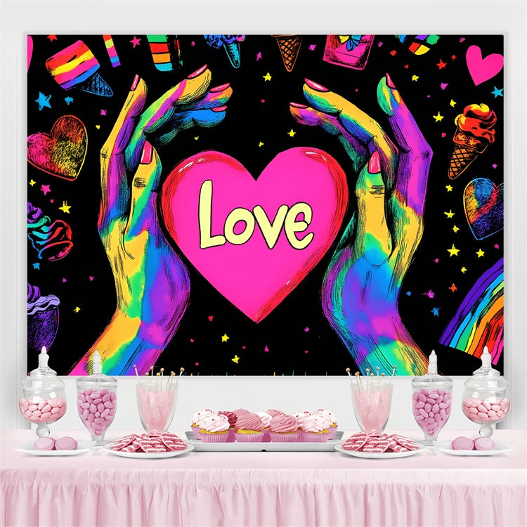 Pride Photo Backdrop Neon Love Rainbow Hands Backdrop GQ5-212