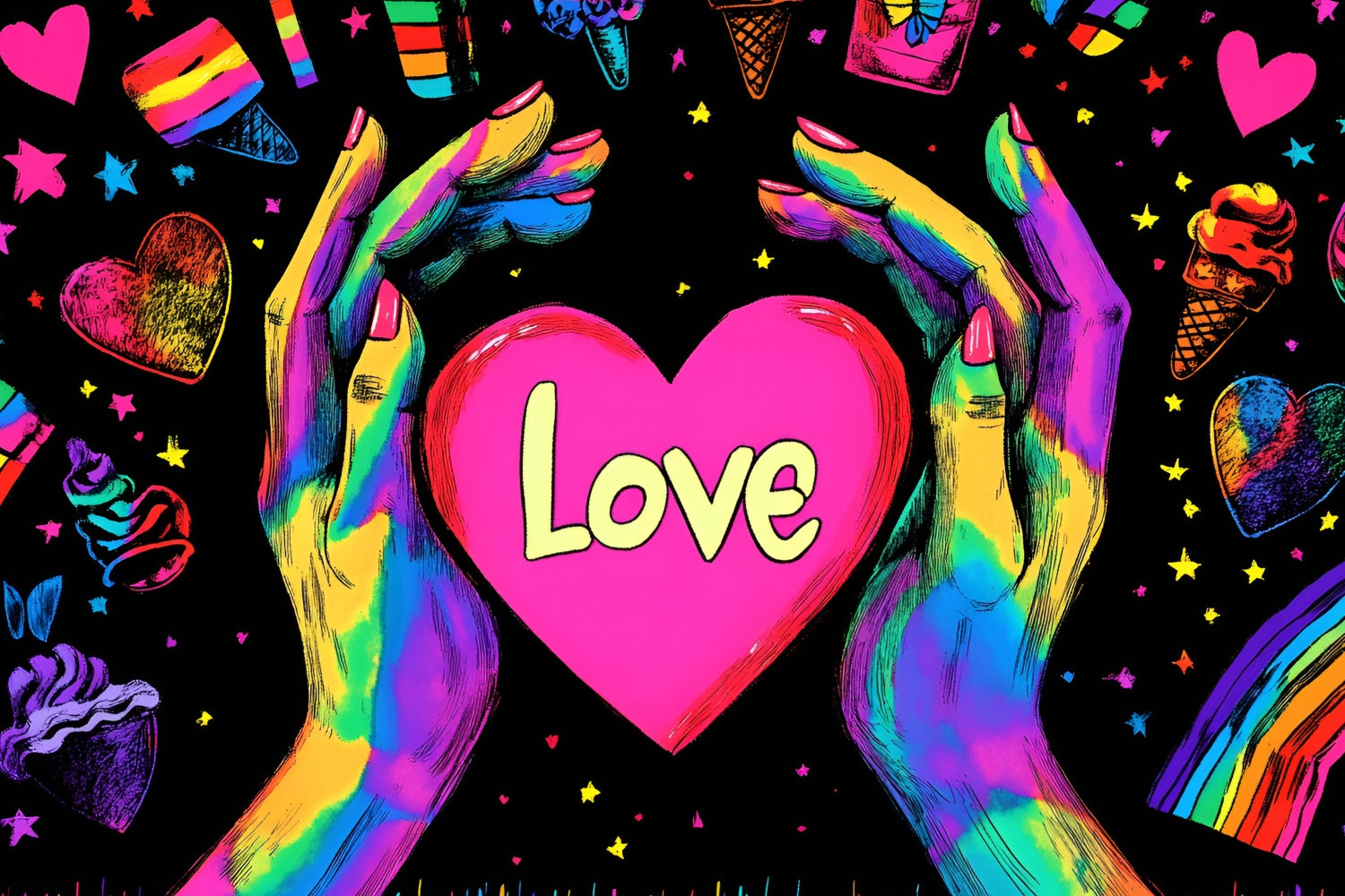 Pride Photo Backdrop Neon Love Rainbow Hands Backdrop GQ5-212