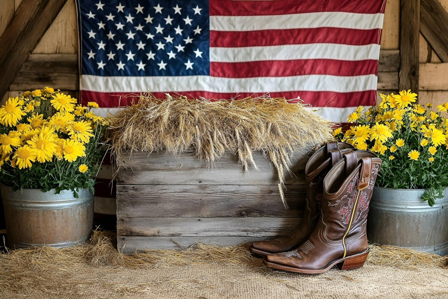 American Flag Backdrop Barn Boots Flower Backdrop GQ5-38