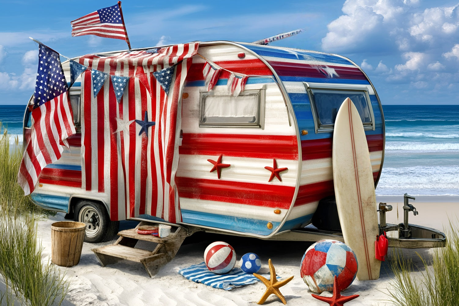 American Flag Backdrop Photography Beach Camper Surfboard Backdrop GQ5-40