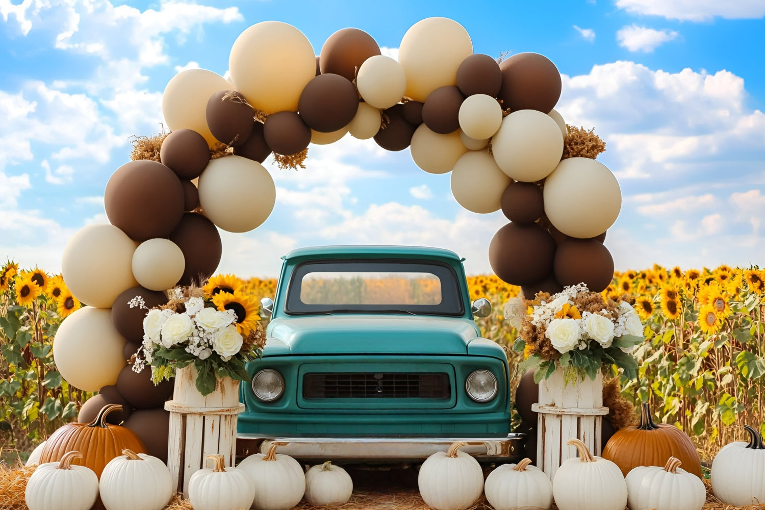 Autumn Backdrops Vintage Blue Truck Sunflower Backdrop GQ5-76