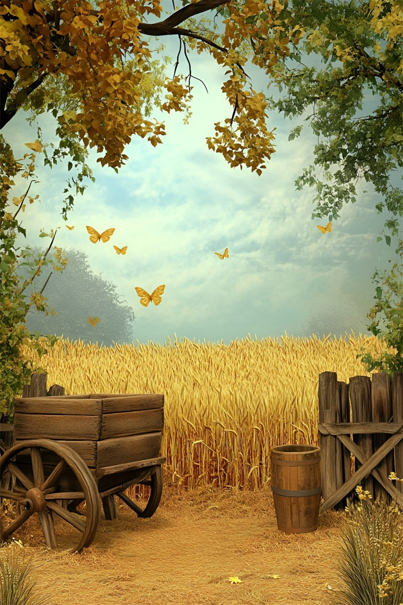 Autumn Backdrop Golden Wheat Field Butterflies Backdrop GQ5-86