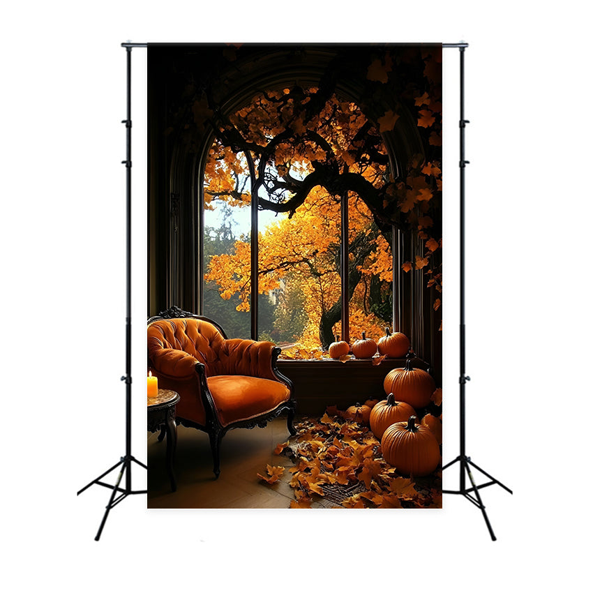 Fall Photo Backdrop Cozy Room Pumpkins Window Backdrop GQ5-87