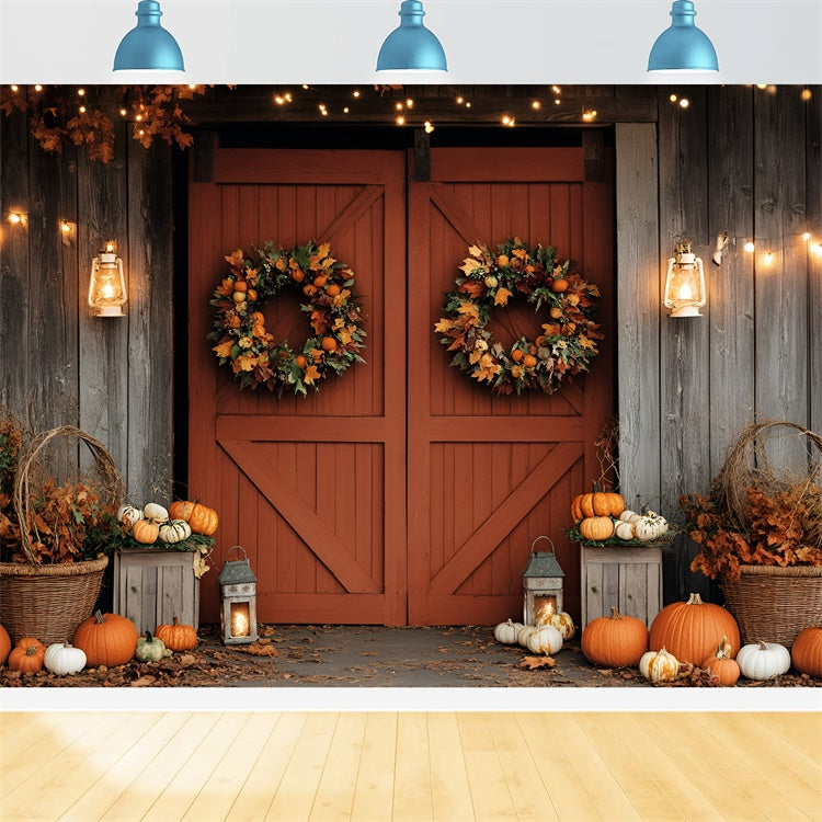Fall Photoshoot Backdrop Barn Door Wreath Pumpkin Backdrop GQ5-94