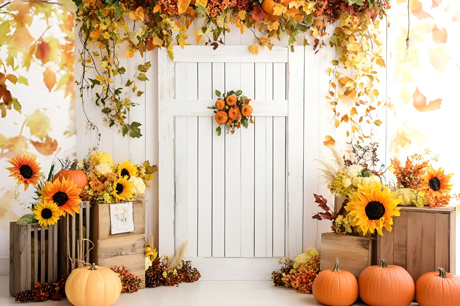 Fall Packdrop Fall Backdrop White Door Sunflowers Pumpkins Backdrop GQ5-95