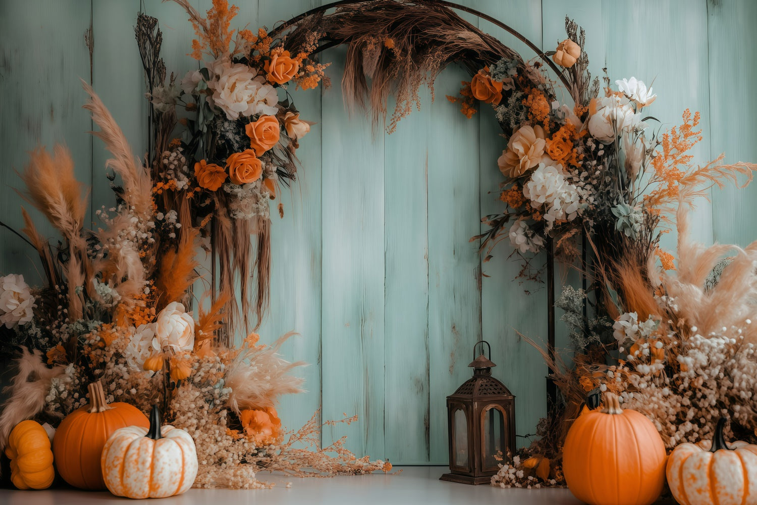 Fall Retro Backdrop Bohemian Backdrop Pumpkin Floral Arch Fall Backdrops GQ57-100