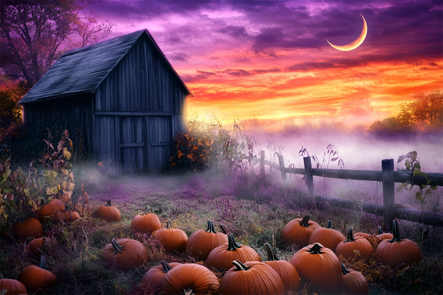 Sunset Photo Backdrop Pumpkin Fog Fantasy Fall Backdrops GQ57-107