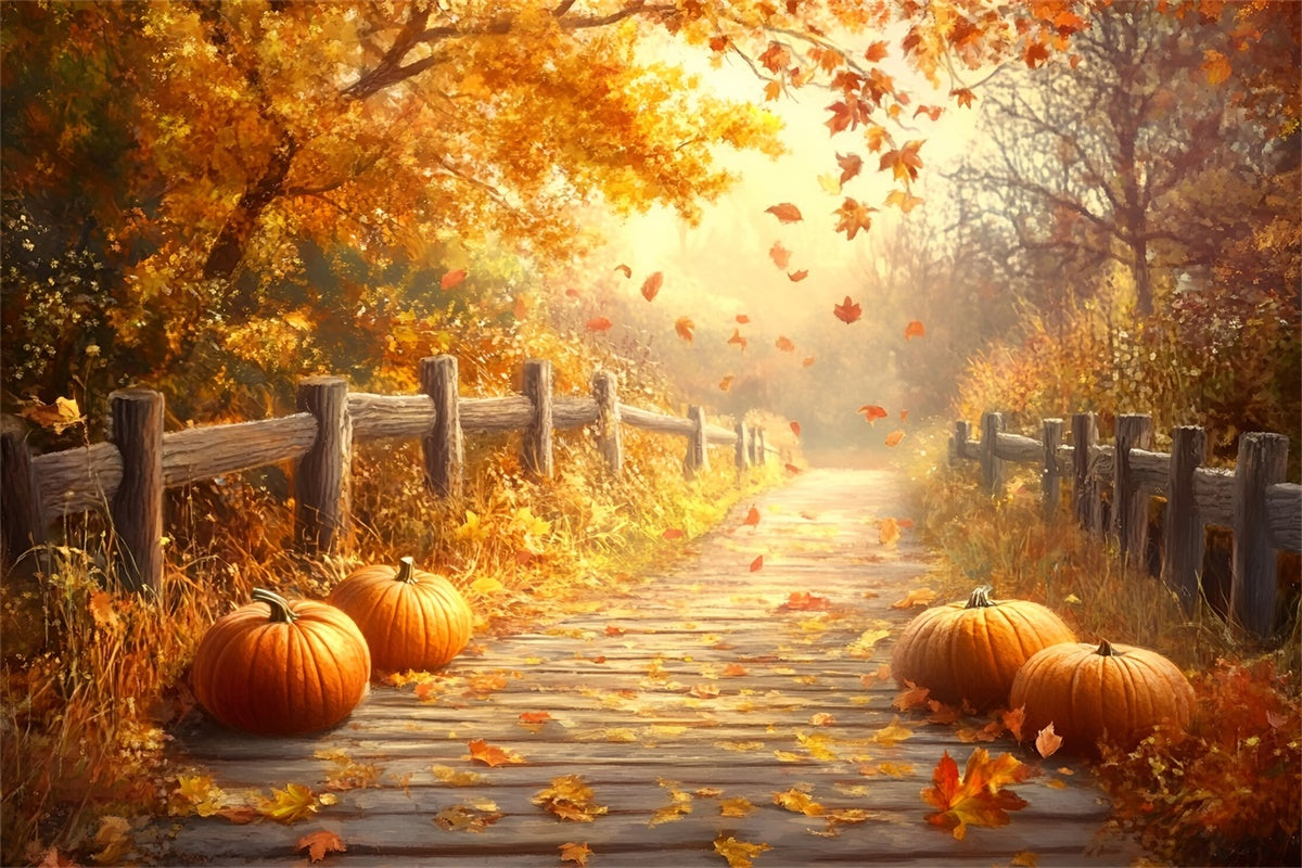 Fall Leaves Backdrop Rustic Fence Trail Forest Backdrop GQ57-108
