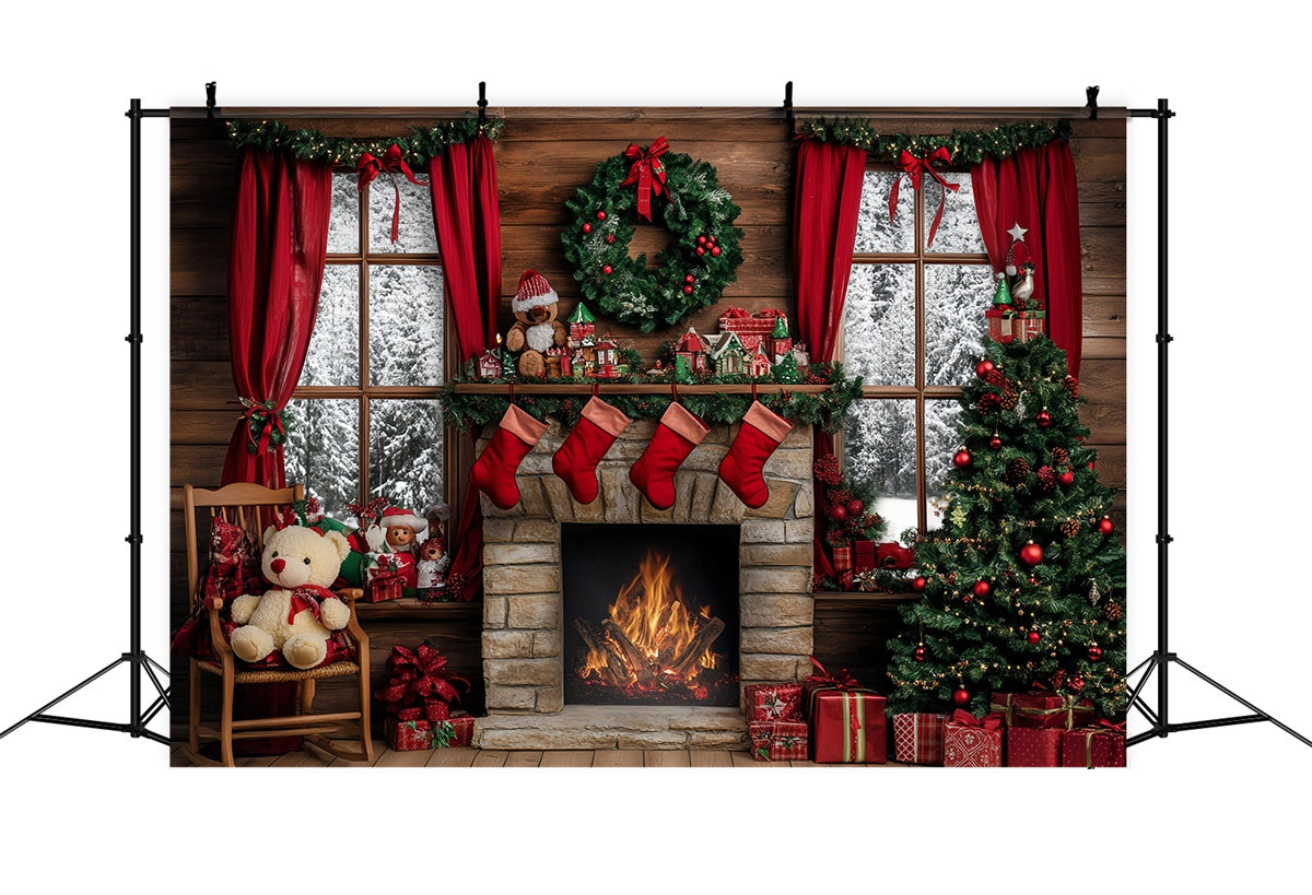 Christmas Fireplace Backdrop Rustic Hearth Tree Backdrop GQ57-13