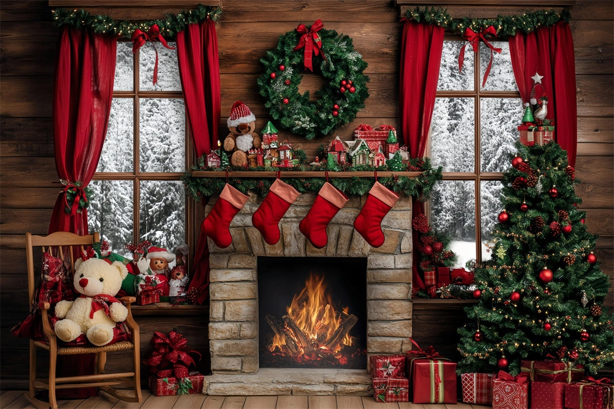 Christmas Fireplace Backdrop Rustic Hearth Tree Backdrop GQ57-13