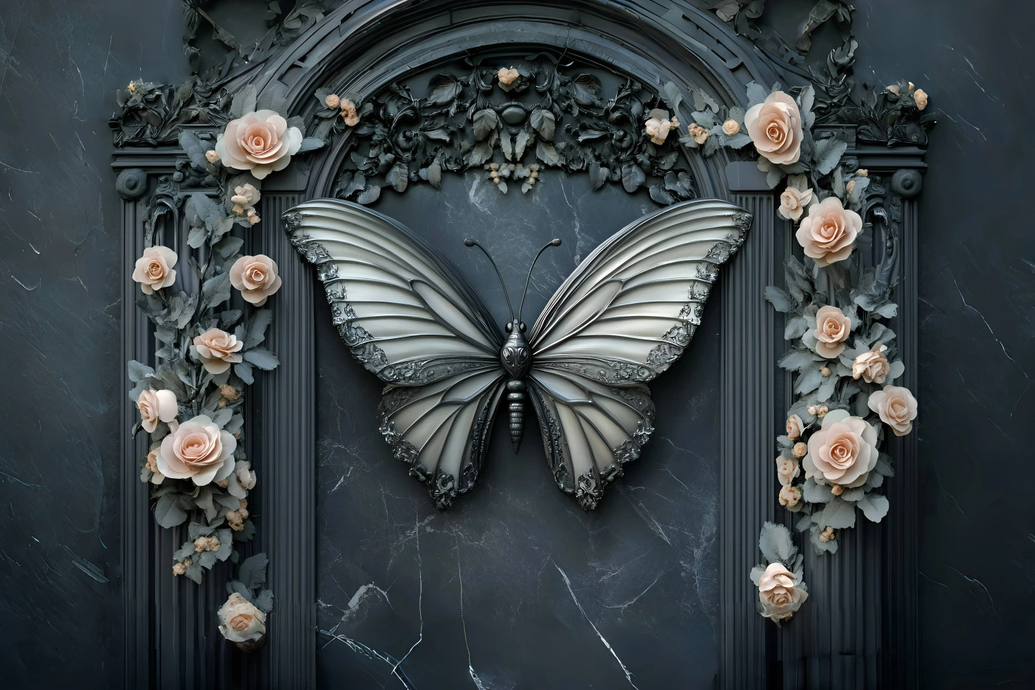 Backdrops Fine Art Midnight Butterfly Rose Arch Backdrop GQ57-202