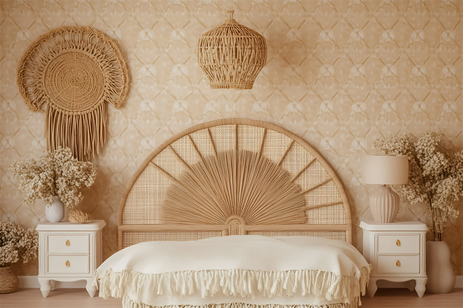 Bohemian Photo Backdrop Rattan Rustic Bedroom Backdrop GQ57-232