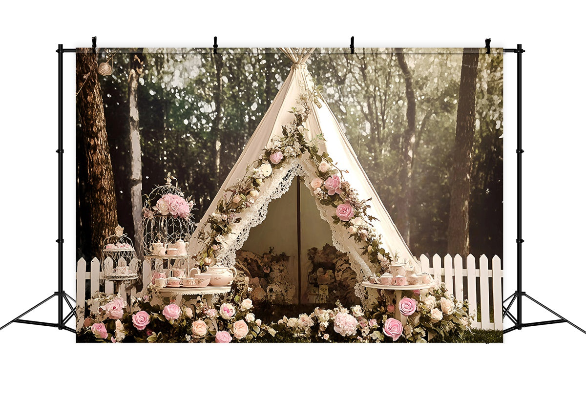 Boho Photography Backdrop Pink Rose Lace Tent Backdrop GQ57-234