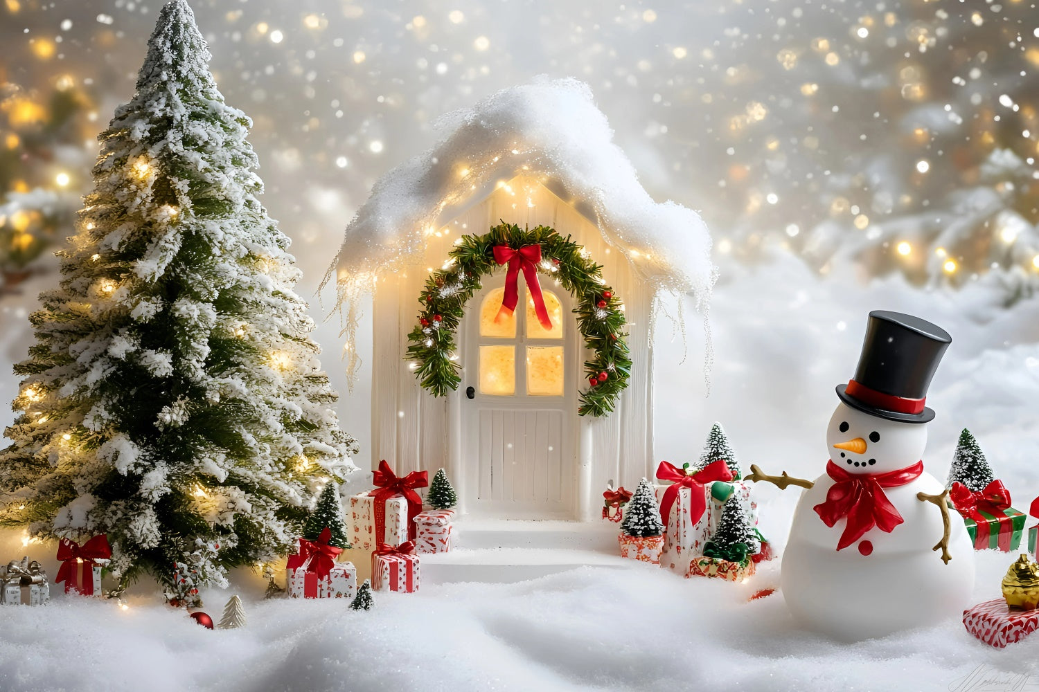 Christmas Photography Backdrops Snowman Cottage Cheer Backdrop GQ57-34