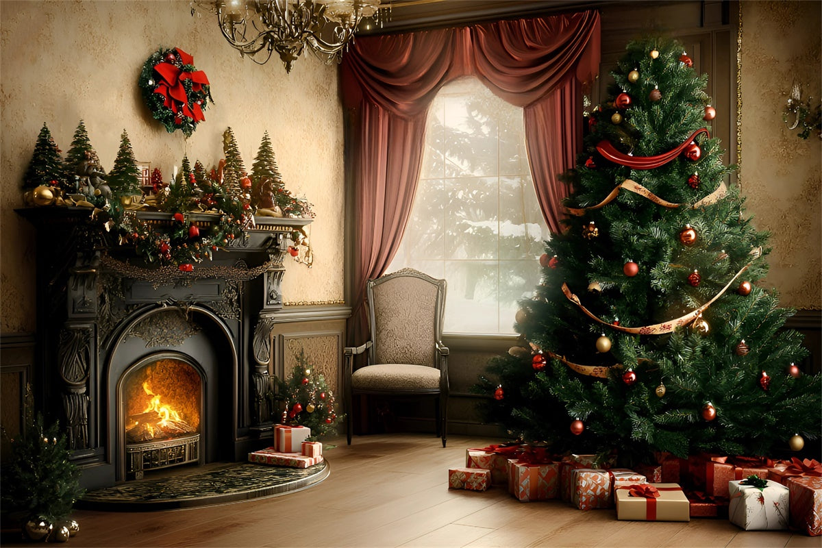 Christmas Fireplace Backdrop Vintage Christmas Parlor Backdrop GQ57-44