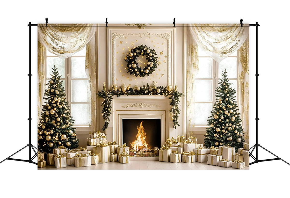 Christmas Fireplace Backdrop White Gold Holiday Backdrop GQ57-48