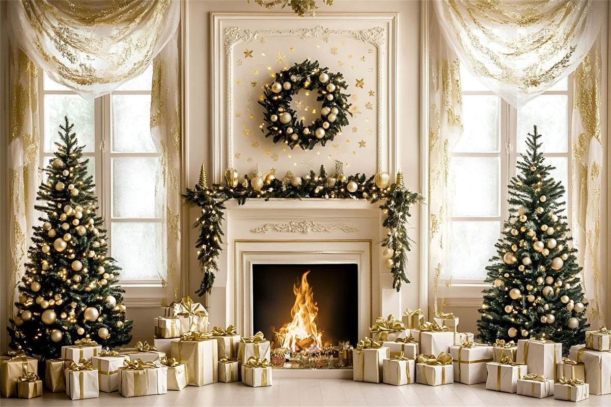 Christmas Fireplace Backdrop White Gold Holiday Backdrop GQ57-48