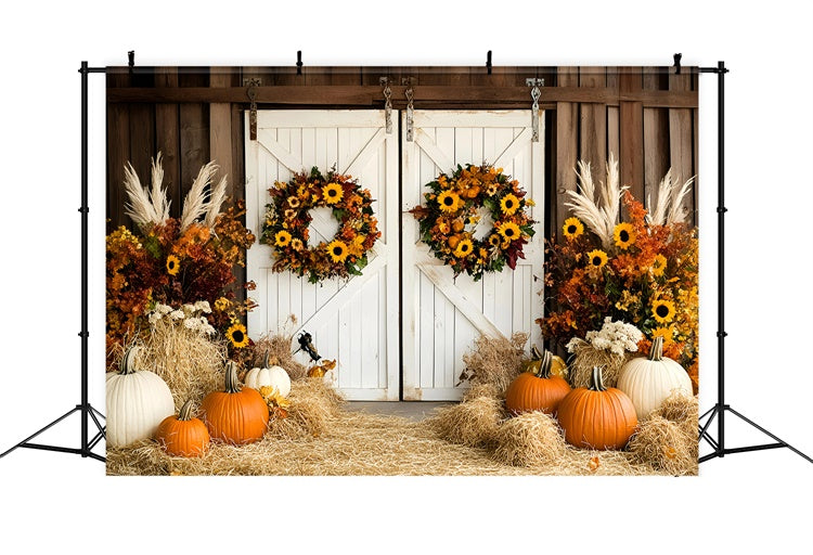 Barn Door Backdrop Pumpkin Hay Wreath Fall Backdrop GQ57-95