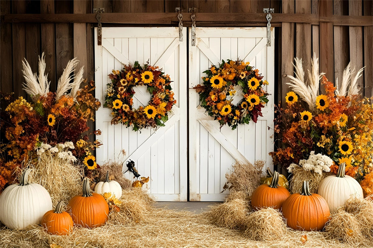 Barn Door Backdrop Pumpkin Hay Wreath Fall Backdrop GQ57-95
