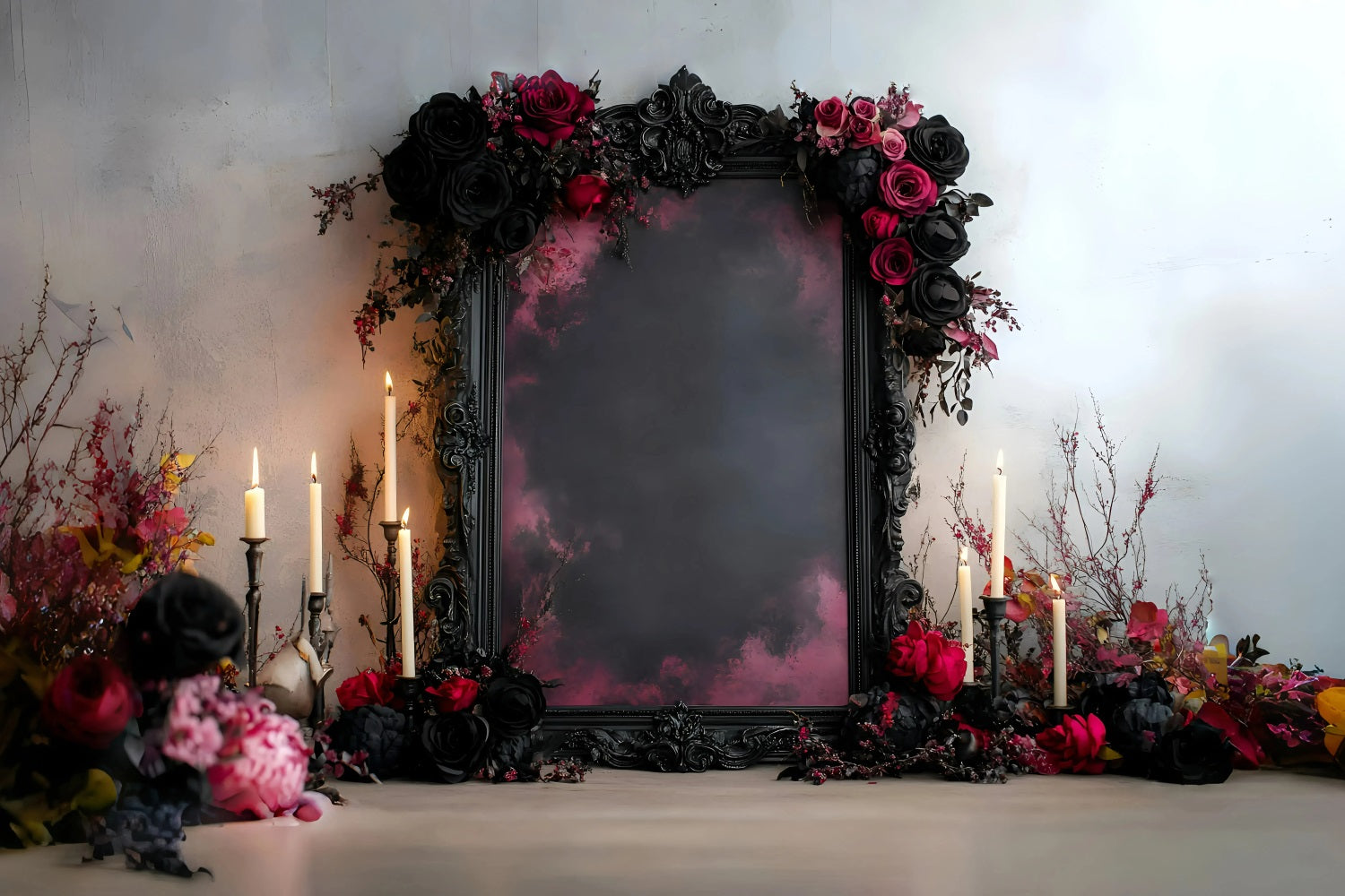 Gothic Backdrop Romantic Black Red Rose Candle Frame Vintage Photo Backdrop GQ58-112