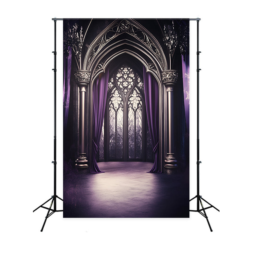 Gothic Backdrop Purple Draped Cathedral Arched Window Vintage Backdrops GQ58-113