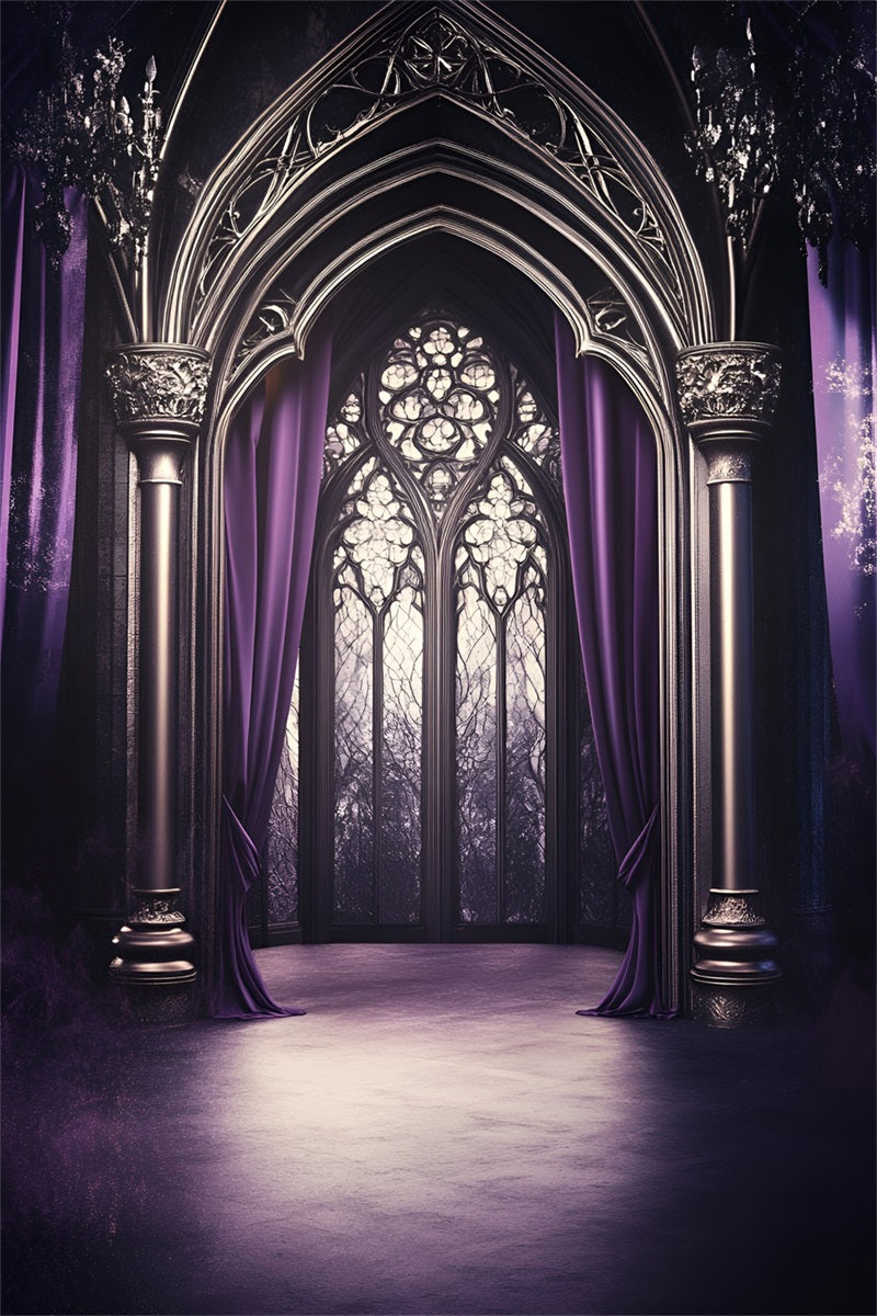 Gothic Backdrop Purple Draped Cathedral Arched Window Vintage Backdrops GQ58-113