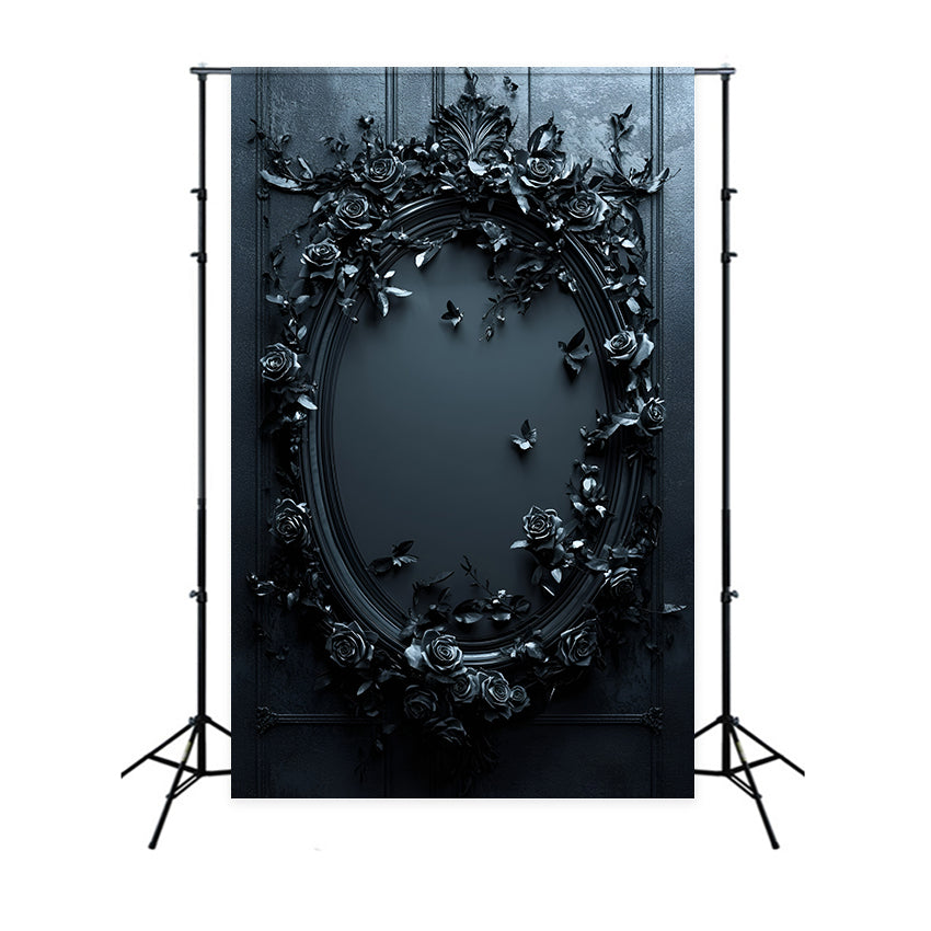 Gothic Backdrop Midnight Black Rose Oval Mirror Vintage Backdrop For Photoshoot GQ58-114