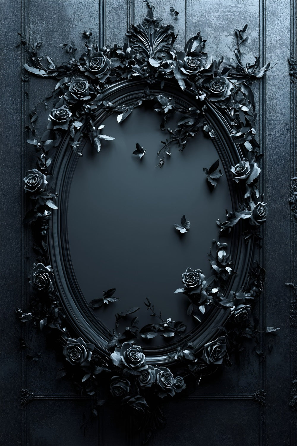 Gothic Backdrop Midnight Black Rose Oval Mirror Vintage Backdrop For Photoshoot GQ58-114