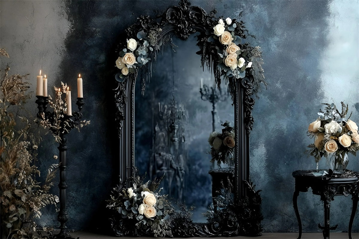 Gothic Backdrop Black Ornate Mirror Ivory Roses Vintage Photography Backdrops GQ58-115