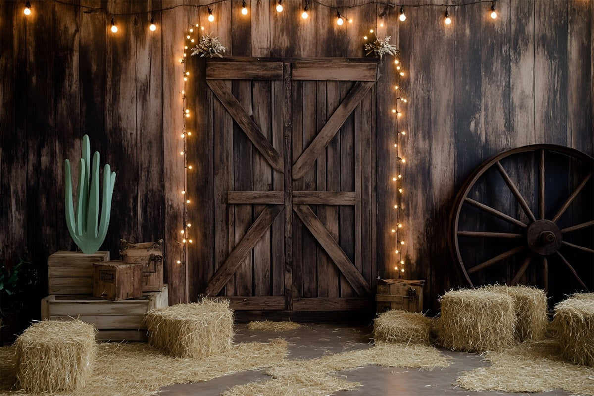 Western Backdrop Wooden Barn Door Hay and Lights Vintage Photo Background GQ58-117