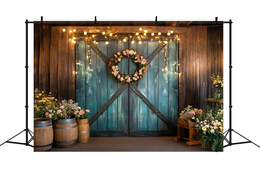 Western Backdrop Teal Barn Door Floral Wreath Vintage Photo Backdrops GQ58-118