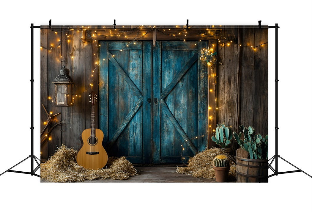 Western Backdrop Rustic Blue Barn Doors Guitar Cactus Vintage Photography Backdrops GQ58-119