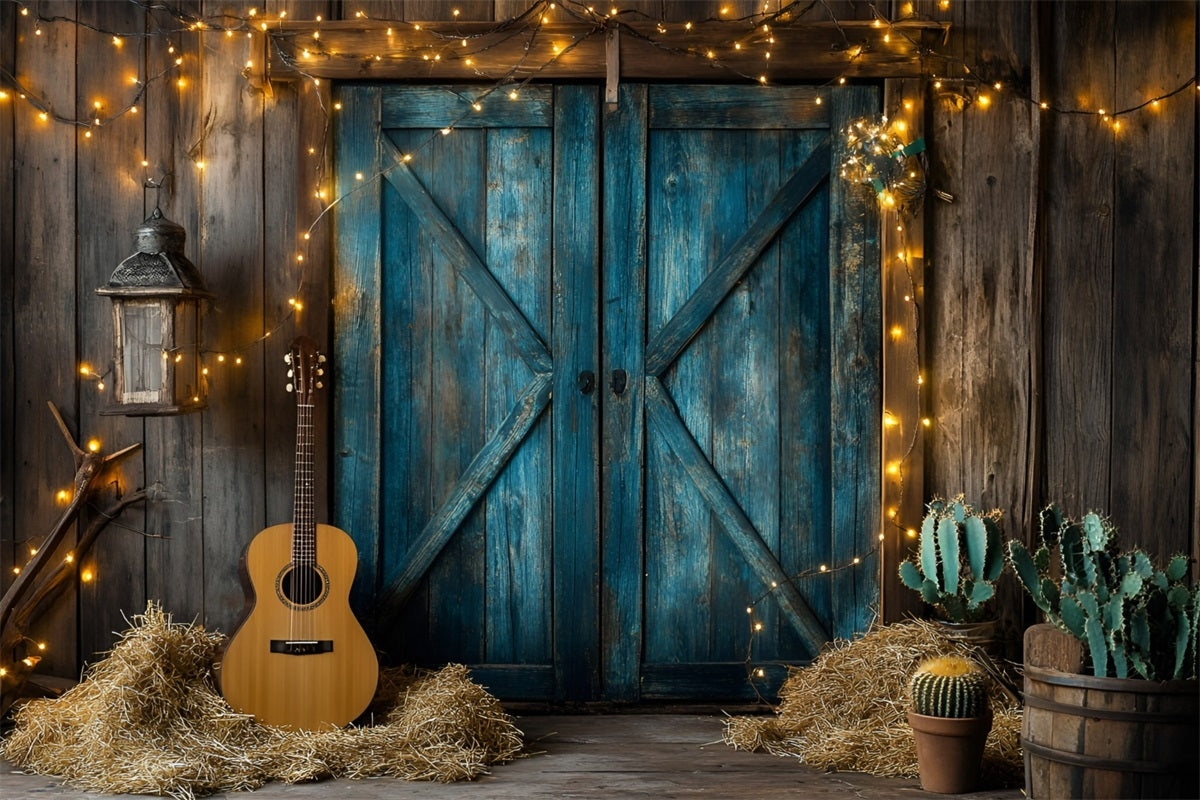 Western Backdrop Rustic Blue Barn Doors Guitar Cactus Vintage Photography Backdrops GQ58-119