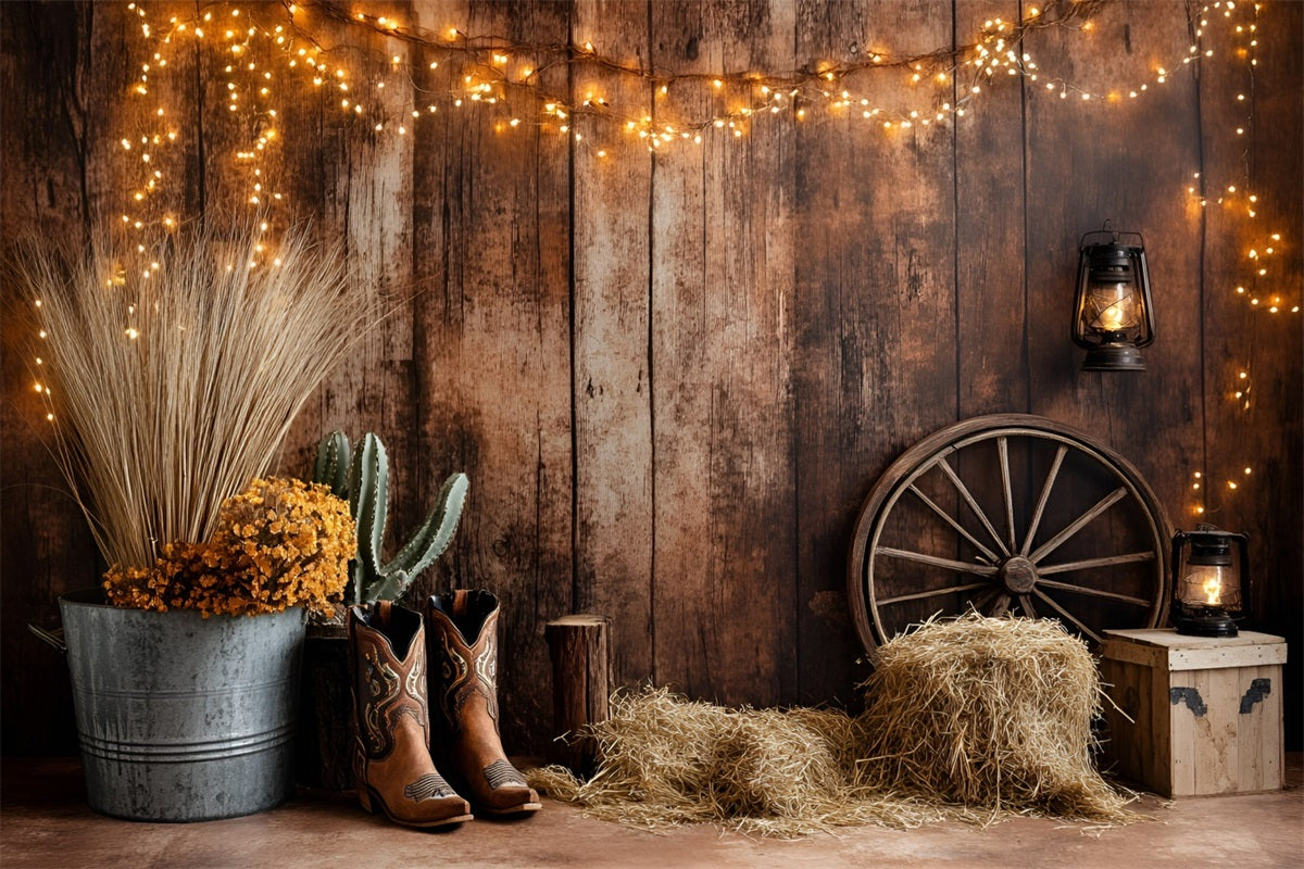 Western Backdrop Western Cowboy Boots Cactus Hay Bales Backdrop Vintage GQ58-120