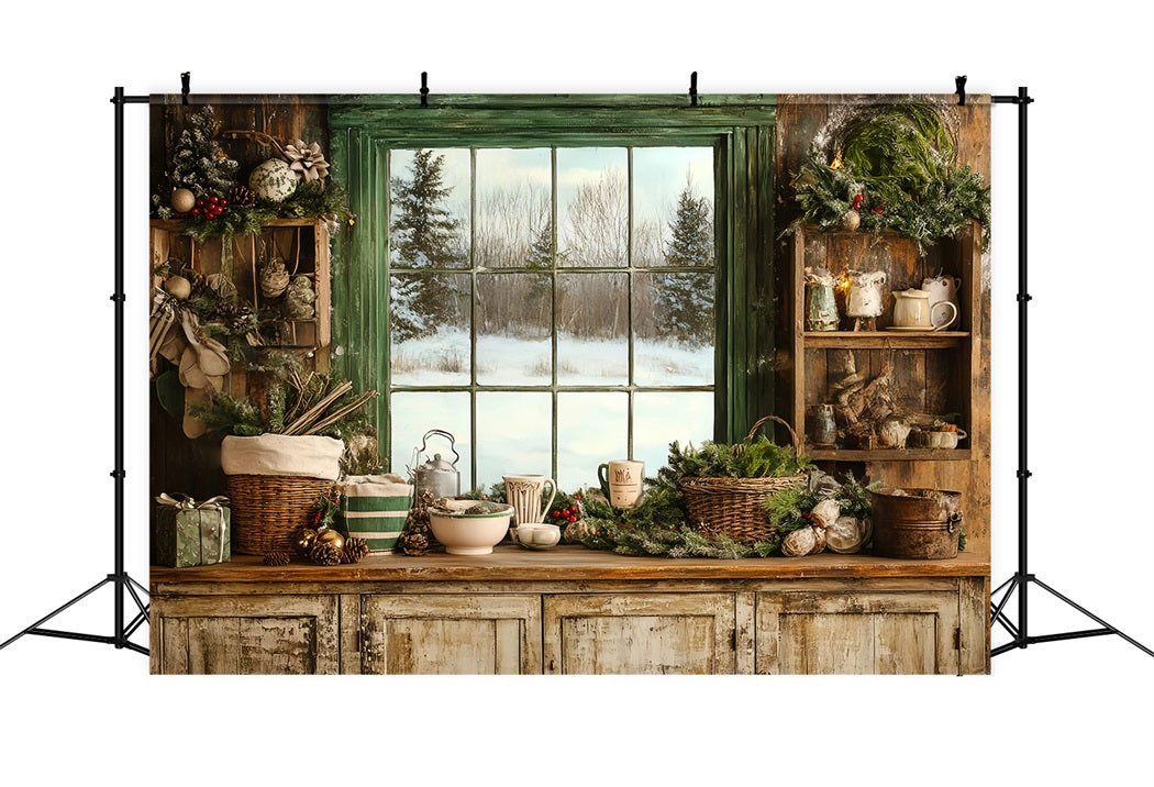 Rustic Backdrop Cozy Winter Kitchen Window Festive Greenery Vintage Backdrop Ideas GQ58-121
