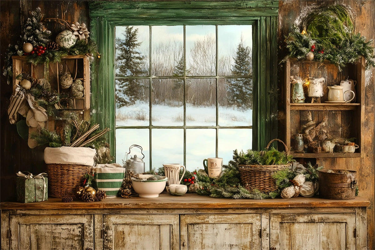 Rustic Backdrop Cozy Winter Kitchen Window Festive Greenery Vintage Backdrop Ideas GQ58-121