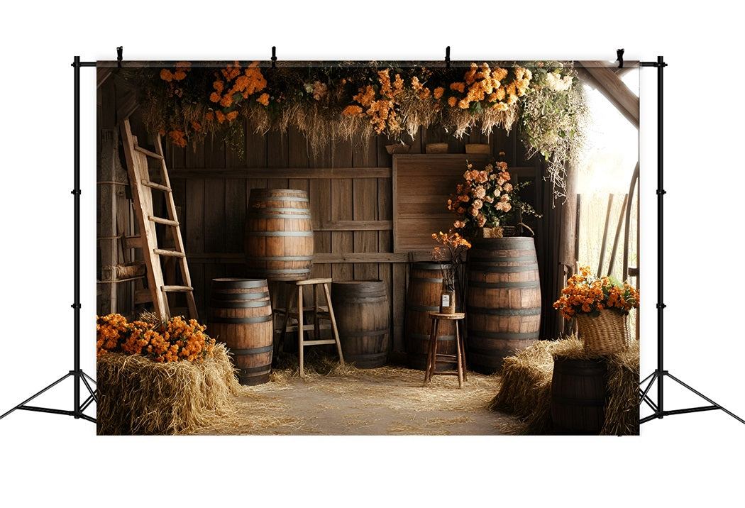 Rustic Backdrop Rustic Barn Barrels Orange Floral Arrangements Vintage Photography Background GQ58-122